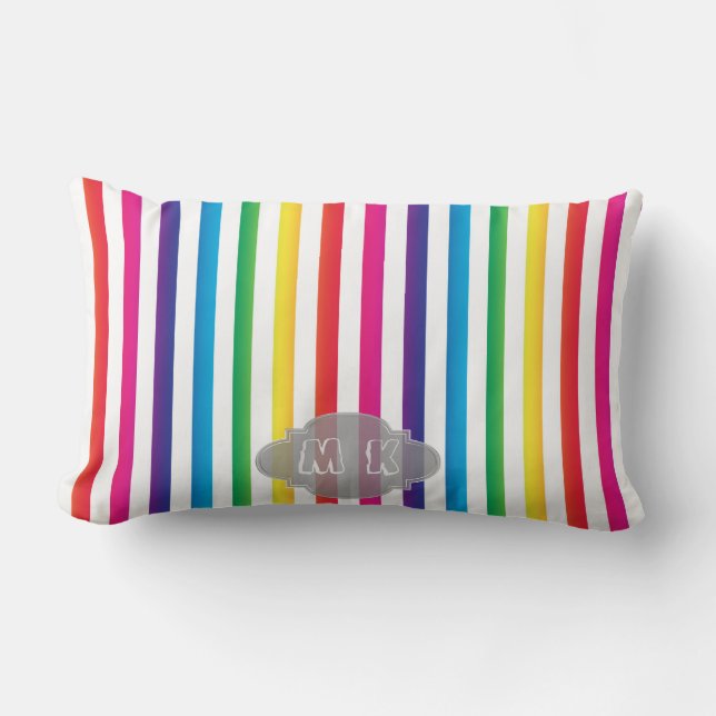 Chic Rainbow Colour Stripes Pattern Custom Monogra Lumbar Pillow (Front)