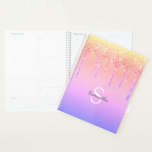 Chic Rainbow Glitter Drips Sparkle Monogram Name Planner