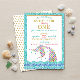 Chic Rainbow Glitter Mermaid 1st Birthday Invitation