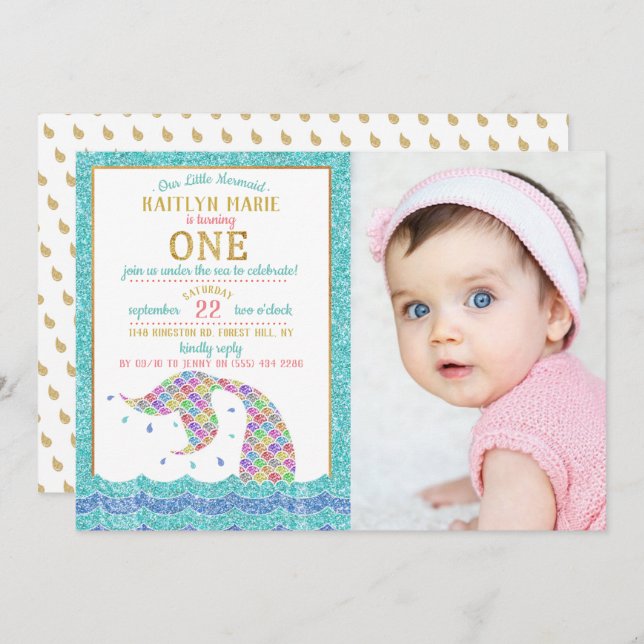 Chic Rainbow Glitter Mermaid 1st Birthday Photo Invitation (Front/Back)