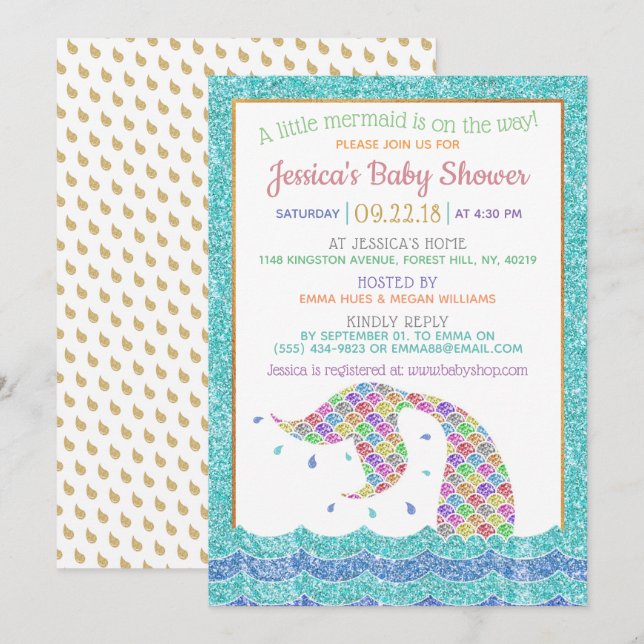 Chic Rainbow Glitter Mermaid Baby Shower Invitation (Front/Back)