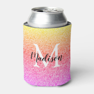 Chic Rainbow Glitter Script Monogram Personalized Can Cooler