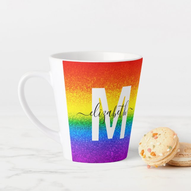 Chic Rainbow Glitter Stripe Monogram Name Latte Mug (In Situ)