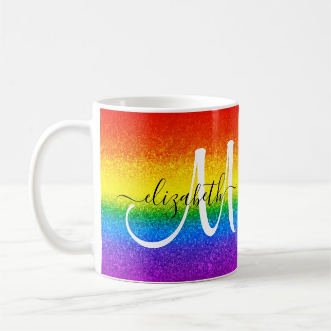 Chic Rainbow Glitter Stripe Script Monogram Coffee Mug (Left)