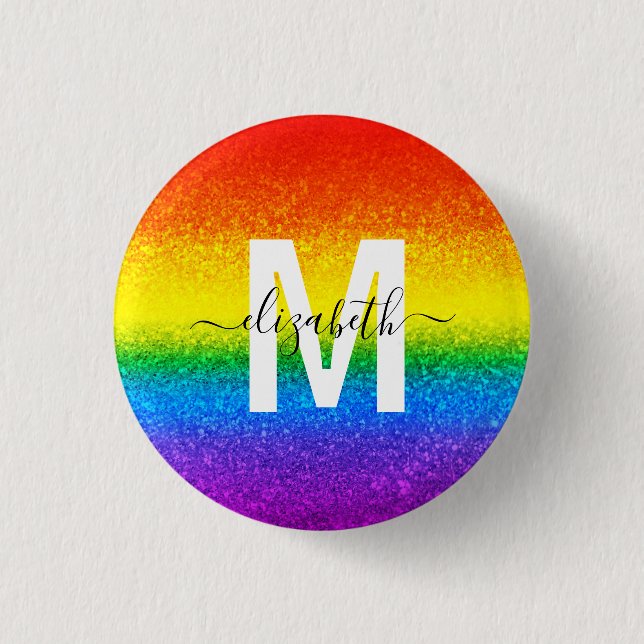 Chic Rainbow Glitter Stripes Monogram Name 1 Inch Round Button (Front)