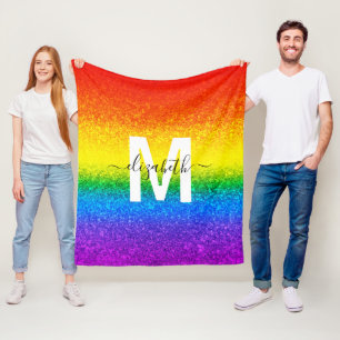 Chic Rainbow Glitter Stripes Monogram Name Fleece Blanket