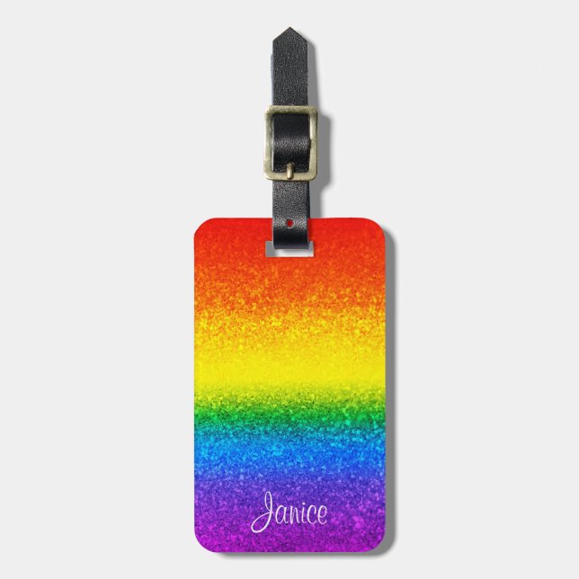 Chic Rainbow Glitter Stripes Monogram Name Luggage Tag (Front Vertical)
