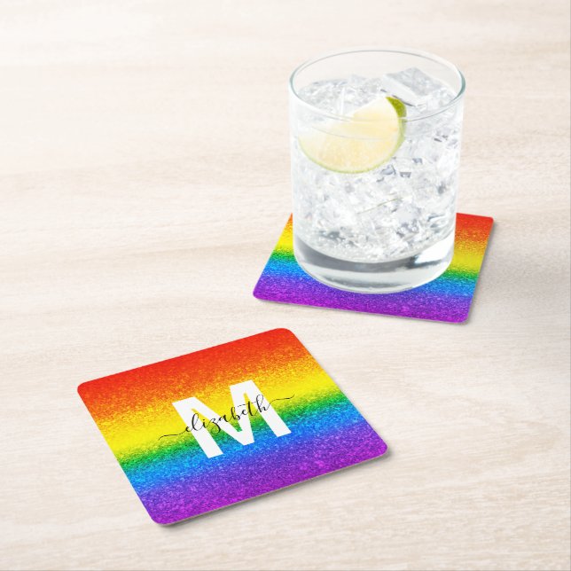 Chic Rainbow Glitter Stripes Monogram Name Square Paper Coaster (Insitu)