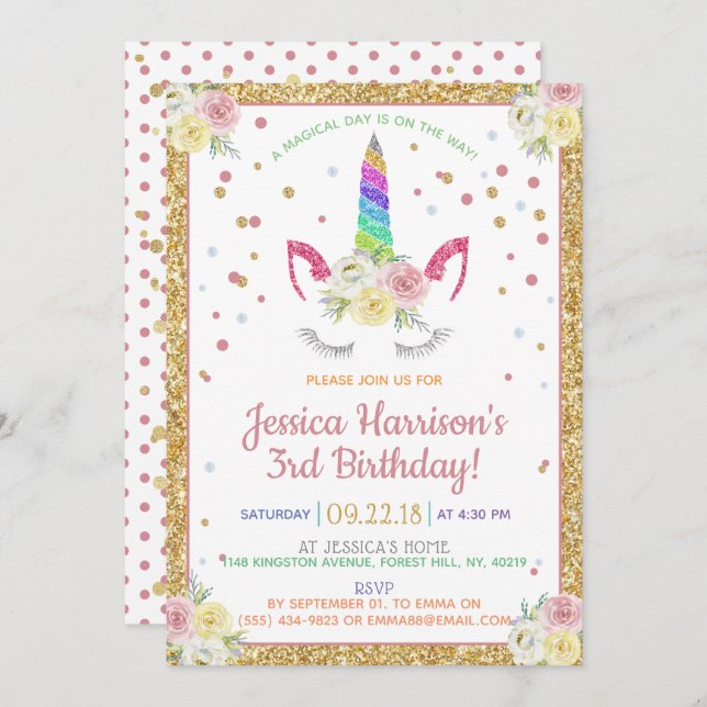 Chic Rainbow Glitter Unicorn Any Age Birthday Invitation (Front/Back)