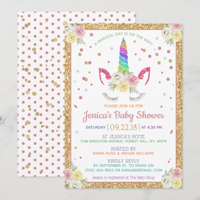 Chic Rainbow Glitter Unicorn Baby Shower Invitation (Front/Back)