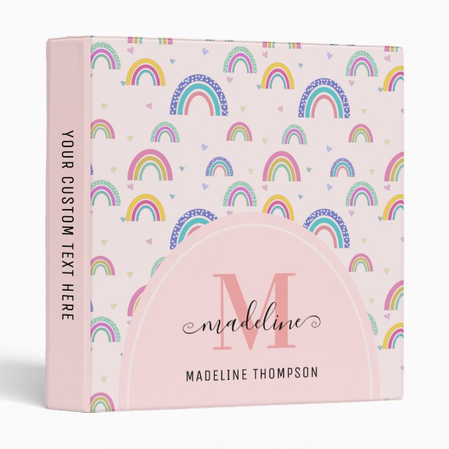 Chic Rainbow Heart Script Monogram Boho Pink 3 Rin Binder (Front/Spine)