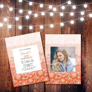 Chic Rainbow Orange Stripes Floral Photo Birthday Invitation