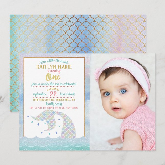Chic Rainbow Watercolor Mermaid 1st Birthday Photo Invitation (Front/Back)