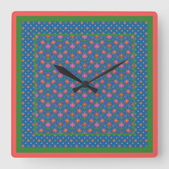 Chic Rangoli Flowers, Polka Dots Square Wall Clock (Front)