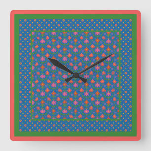 Chic Rangoli Flowers, Polka Dots Square Wall Clock