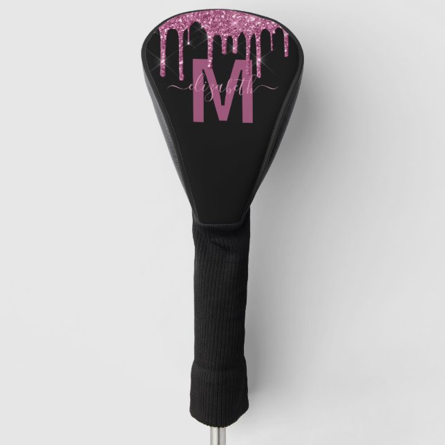 Chic Raspberry Dripping Glitter Monogram Name Golf Head Cover (Front)
