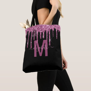 Chic Raspberry Dripping Glitter Monogram Name Tote Bag
