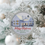 Chic Real Estate Company Custom Realtor Christmas Snowflake Pewter Christmas Ornament<br><div class="desc">This beautiful custom real estate Christmas ornament is perfect for a realty company located up north. Gorgeous white snow lines the trees and house on this winter holiday gift. A realtor can keep Merry Christmas in red and green script or customize with their own seasons greetings.</div>