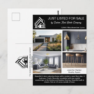 Chic Real Estate Company Home Listing Black White Postcard