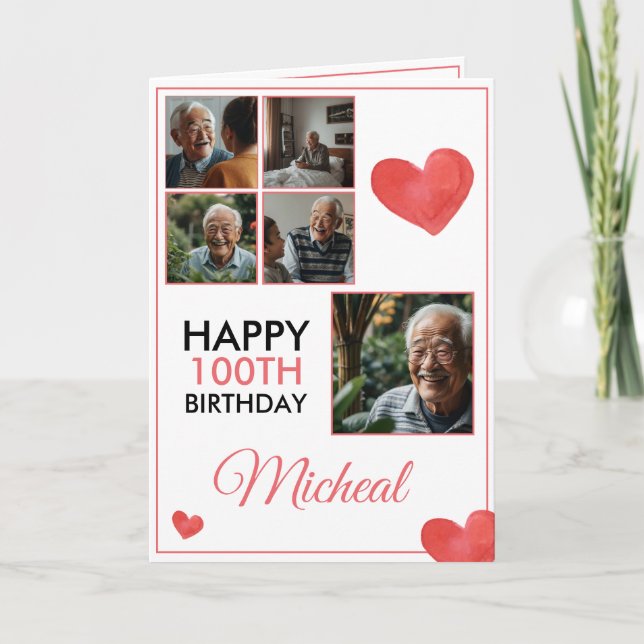 Chic Red 5 Photo Collage 100th Birthday Card (Front)