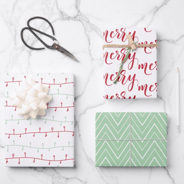 Chic Red and Gold Merry Christmas Chevron Lights Wrapping Paper Sheet (Front)