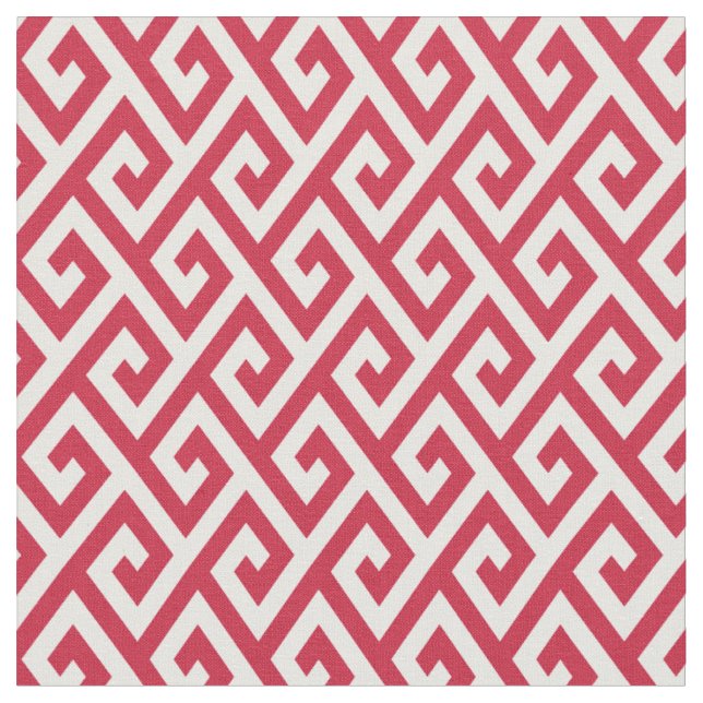Chic red and white greek key geometric patterns fabric (Close Up)
