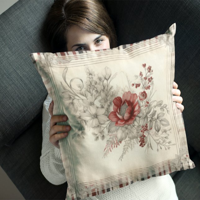 Chic Red And White Plaid Floral Throw Pillow (Creator Uploaded)