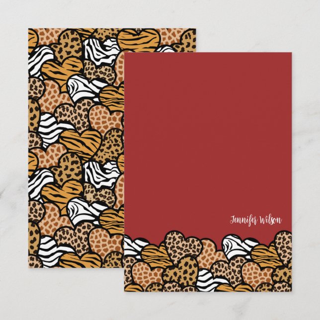 Chic Red Animal Print Heart Valentine Custom Name Thank You Card (Front/Back)