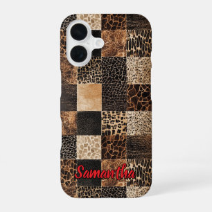 Chic Red Animal Print Leopard Monogram iPhone 16 Case