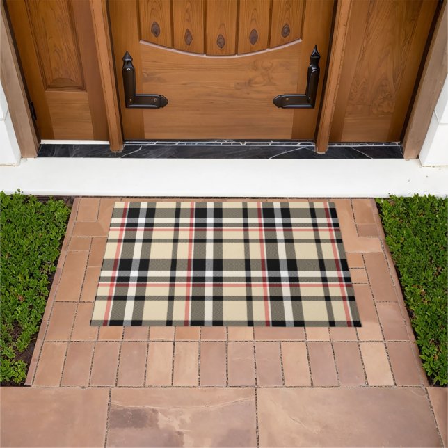 Chic Red Beige Black White Plaid Stripes Pattern Doormat (Outdoor)