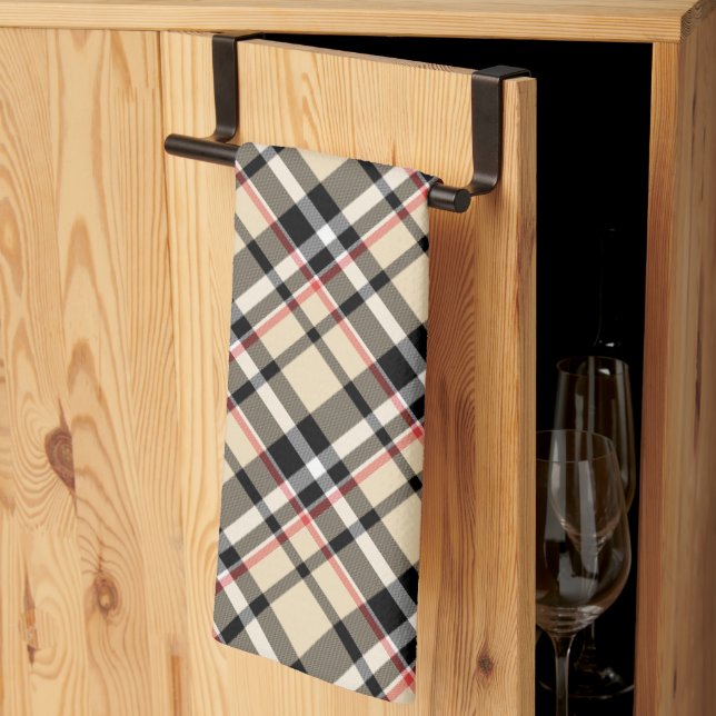 Chic Red Beige Black White Plaid Stripes Pattern Kitchen Towel (Thirds Fold)