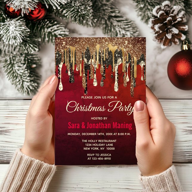 Chic red black and gold glitter drips Christmas  Invitation (Creator Uploaded)