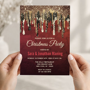 Chic red black and gold glitter drips Christmas Invitation