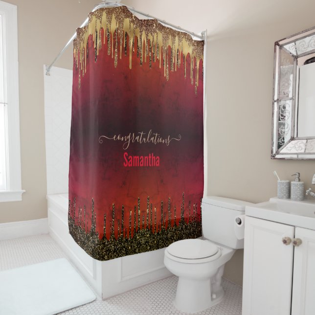 Chic red black and gold glitter drips monogram  (In Situ)