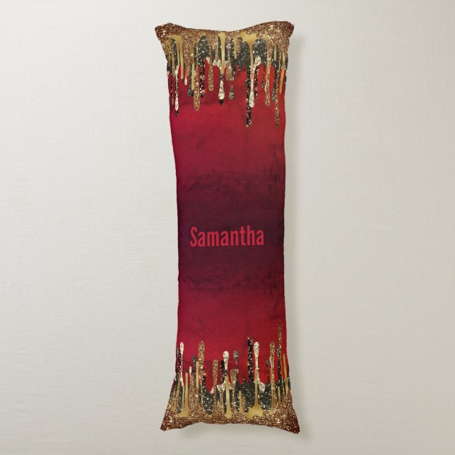 Chic red black and gold glitter drips monogram  body pillow (Front Vertical)