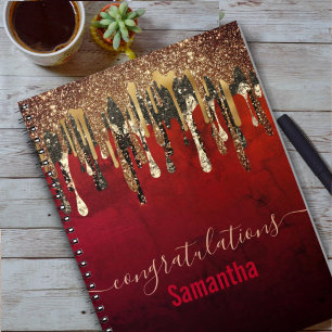 Chic red black and gold glitter drips monogram notebook