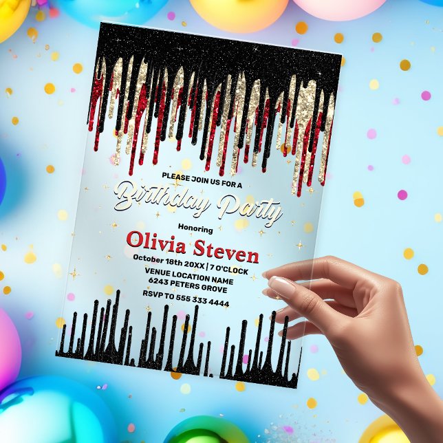 Chic red black drip glitter monogram birthday  acrylic invitations (Creator Uploaded)