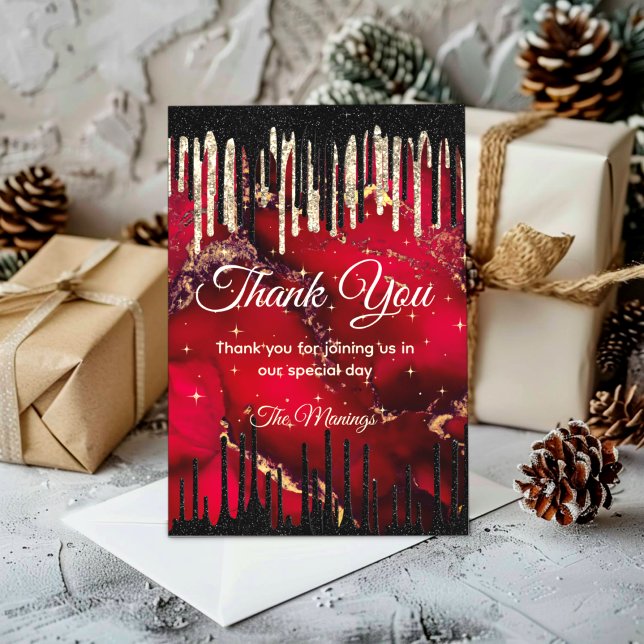 Chic red black dripping glitter monogram thank you card (Creator Uploaded)