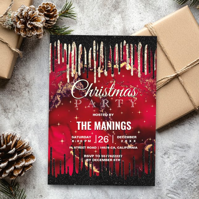 Chic red black drippings glitter Christmas  Invitation (Creator Uploaded)