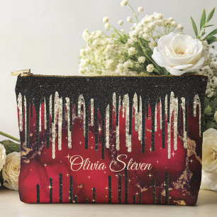 Chic red black drippings glitter monogram accessory pouch