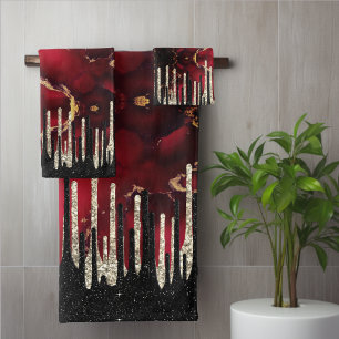 Chic red black drippings glitter monogram bath towel set
