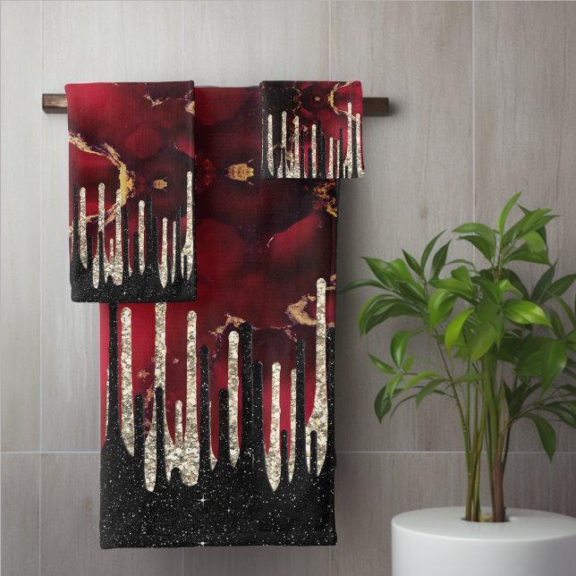 Chic red black drippings glitter monogram bath towel set (Creator Uploaded)