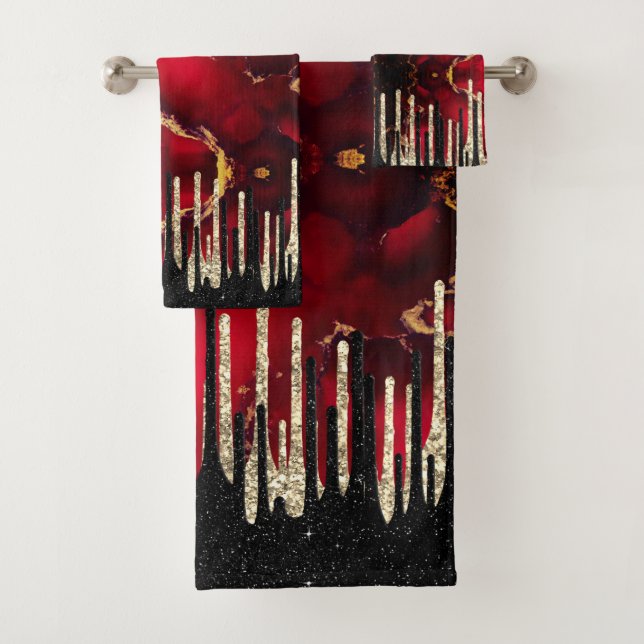 Chic red black drippings glitter monogram bath towel set (Insitu)