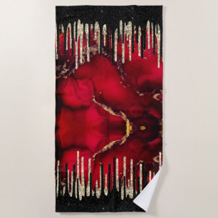 Chic red black drippings glitter monogram beach towel