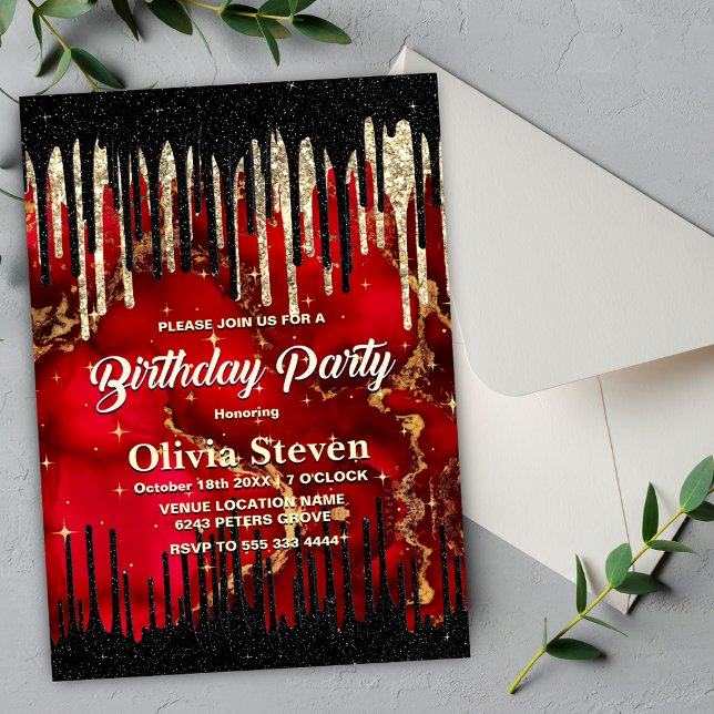 Chic red black drippings glitter monogram invitation (Creator Uploaded)