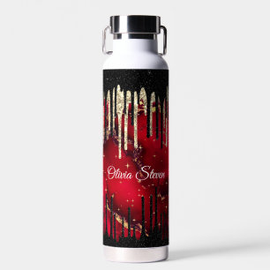 Chic red black drippings glitter monogram water bottle