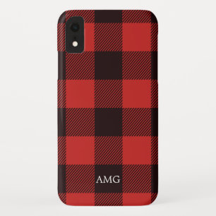 Chic Red & Black Flannel Monogram Plaid iPhone XR Case
