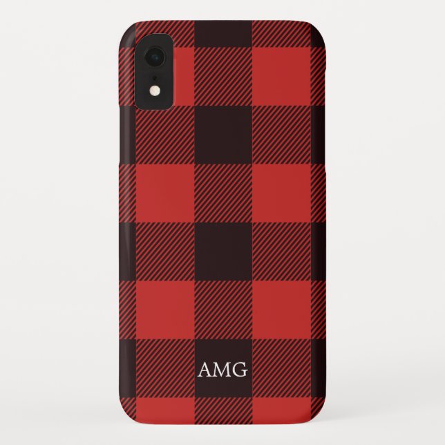 Chic Red & Black Flannel Monogram Plaid Case-Mate iPhone Case (Back)