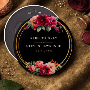 Chic red black floral wedding 6 inch round button