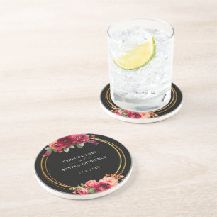 Chic red black floral wedding coaster